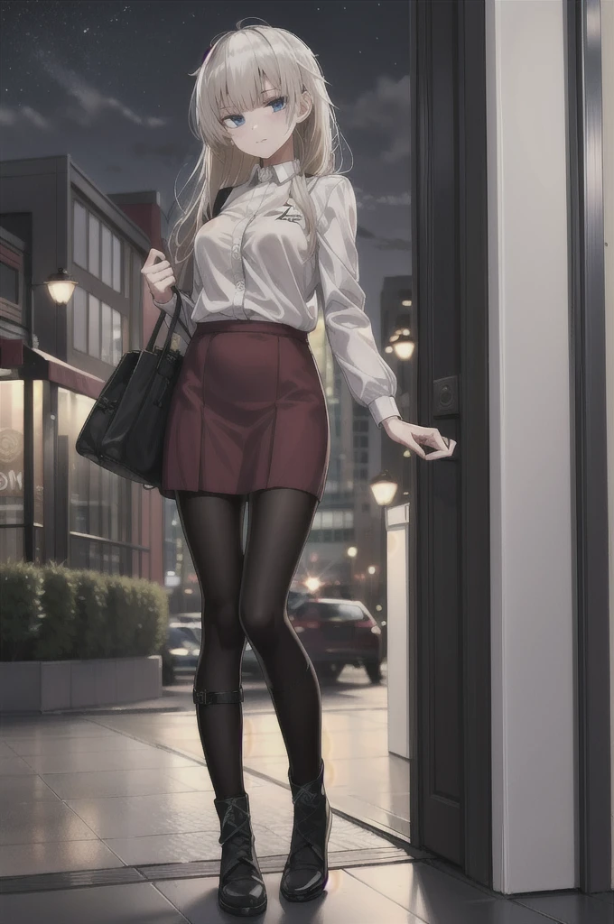 Masterpiece, 1girl, solo ak-74m, female, standing, outdoor, white shirt, night, 4k, Bokeh, looking at viewers, straight face, blue skirt, BREAK shirt, skirt up to knees, mature women, cowboy shot's, holding a bad