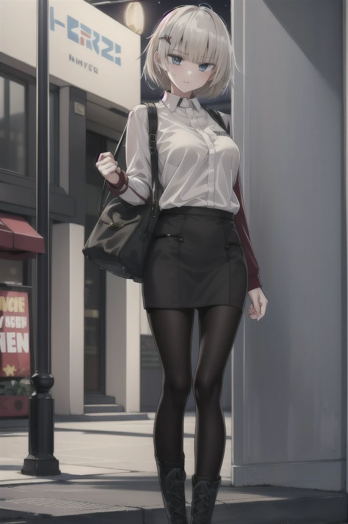 Masterpiece, 1girl, solo ak-74m, female, standing, outdoor, white shirt, night, 4k, Bokeh, looking at viewers, straight face, blue skirt, BREAK shirt, skirt up to knees, mature women, cowboy shot's, holding a bad