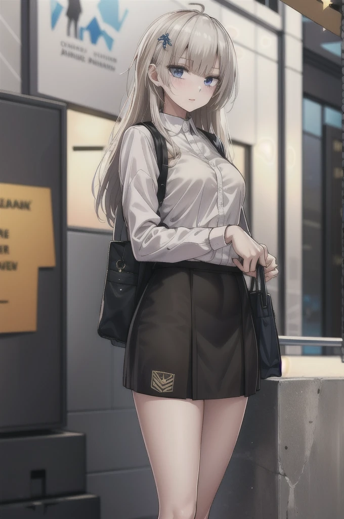 Masterpiece, 1girl, solo ak-74m, female, standing, outdoor, white shirt, night, 4k, Bokeh, looking at viewers, straight face, blue skirt, BREAK shirt, skirt up to knees, mature women, cowboy shot's, holding a bad