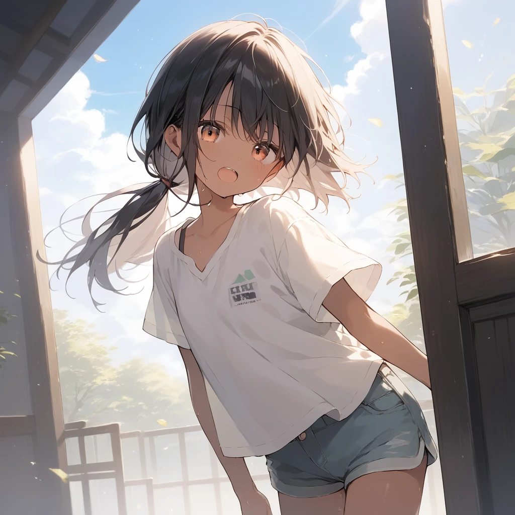 score_9, score_8_up, score_7_up, source_anime, best quality, masterpiece, official art, absurdres, highres, ultra-detailed,waifu2x,Collection: Slice of Life,break,1girl, tomboy, dark-skinned female, short hair, low ponytail, flat chest, beautiful detailed eyes, short shorts, sweat, open mouth, (yawn:0.3), sleepily, outdoors, wind, break,(clear line illustration:1.2),very high resolution, very aesthetic, super detailed skin, Best sexual lighting powered by famous artist, 8k,cute picture,beauty illustration,photoshop_(medium),,(Detailed Lighting),best anime 8k konachan wallpaper, pixiv contest winner,