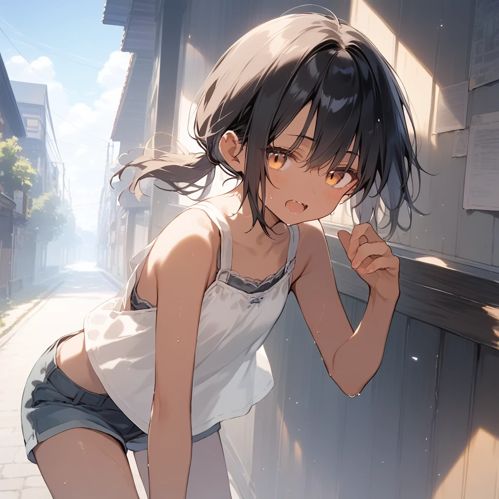 score_9, score_8_up, score_7_up, source_anime, best quality, masterpiece, official art, absurdres, highres, ultra-detailed,waifu2x,Collection: Slice of Life,break,1girl, tomboy, dark-skinned female, short hair, low ponytail, flat chest, beautiful detailed eyes, short shorts, sweat, open mouth, (yawn:0.3), sleepily, outdoors, wind, break,(clear line illustration:1.2),very high resolution, very aesthetic, super detailed skin, Best sexual lighting powered by famous artist, 8k,cute picture,beauty illustration,photoshop_(medium),,(Detailed Lighting),best anime 8k konachan wallpaper, pixiv contest winner,