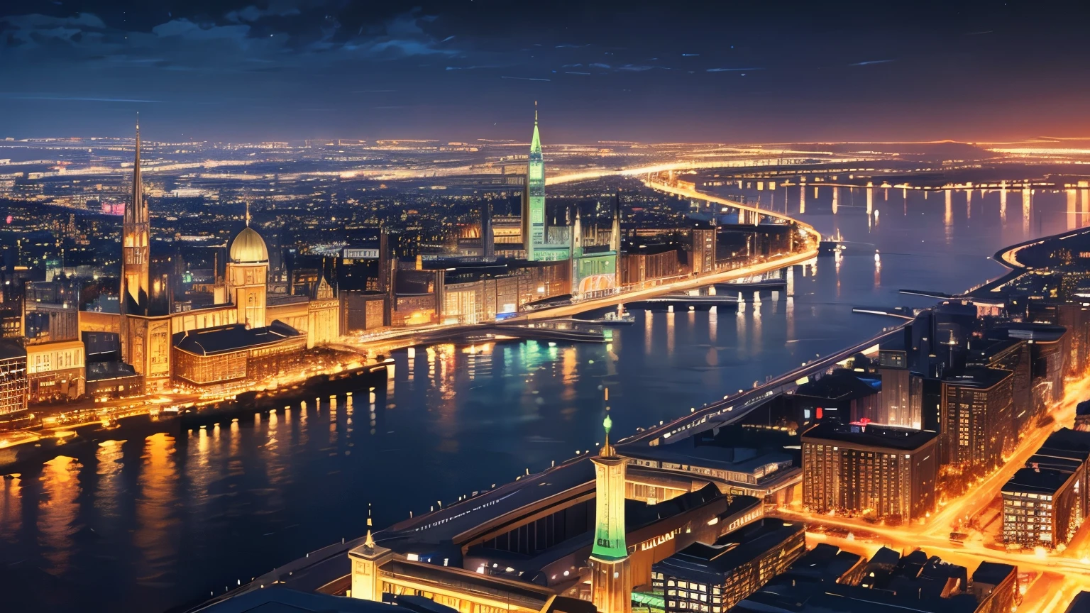 4K,Highest quality,City night view along the river,Fantasy,City lights reflected on the river