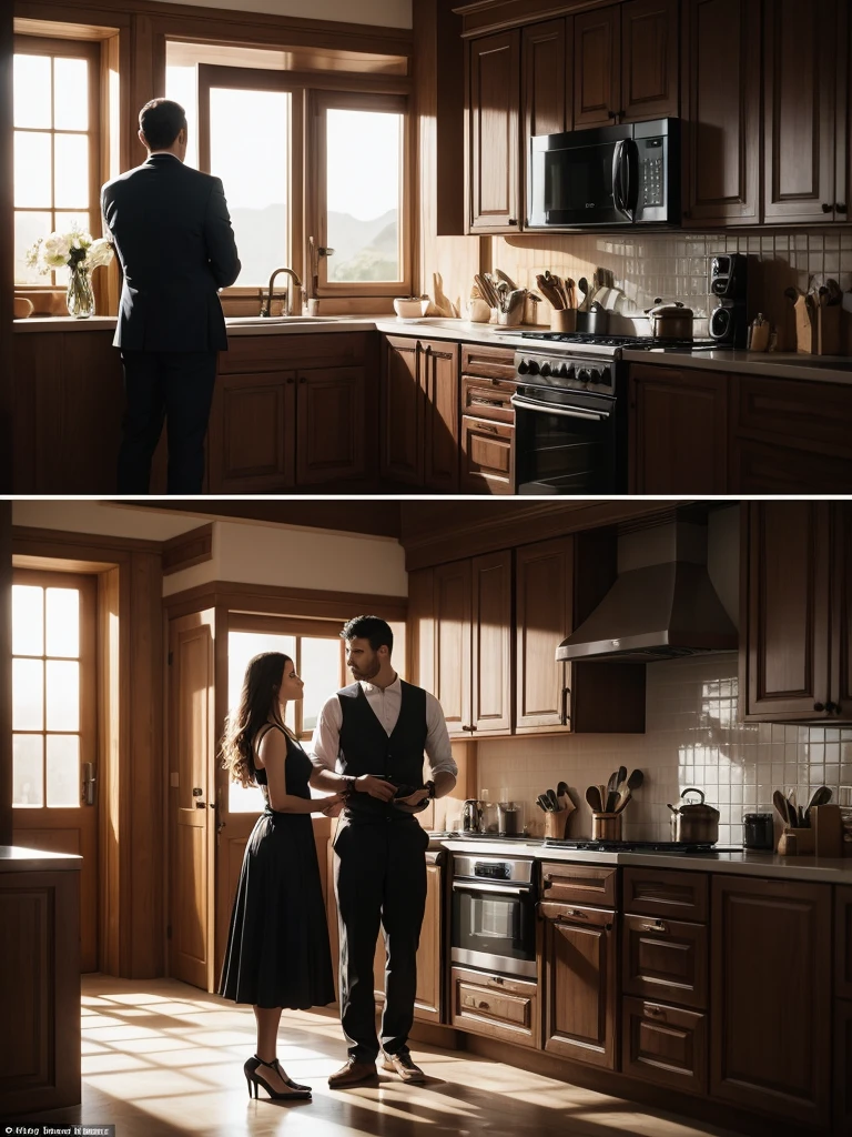 1 man have 2 wife standing against the kitchen wall in a dramatic setting, hyperrealistic 