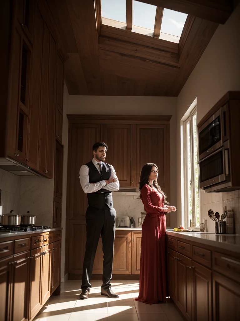 1 man have 2 wife standing against the kitchen wall in a dramatic setting, hyperrealistic 