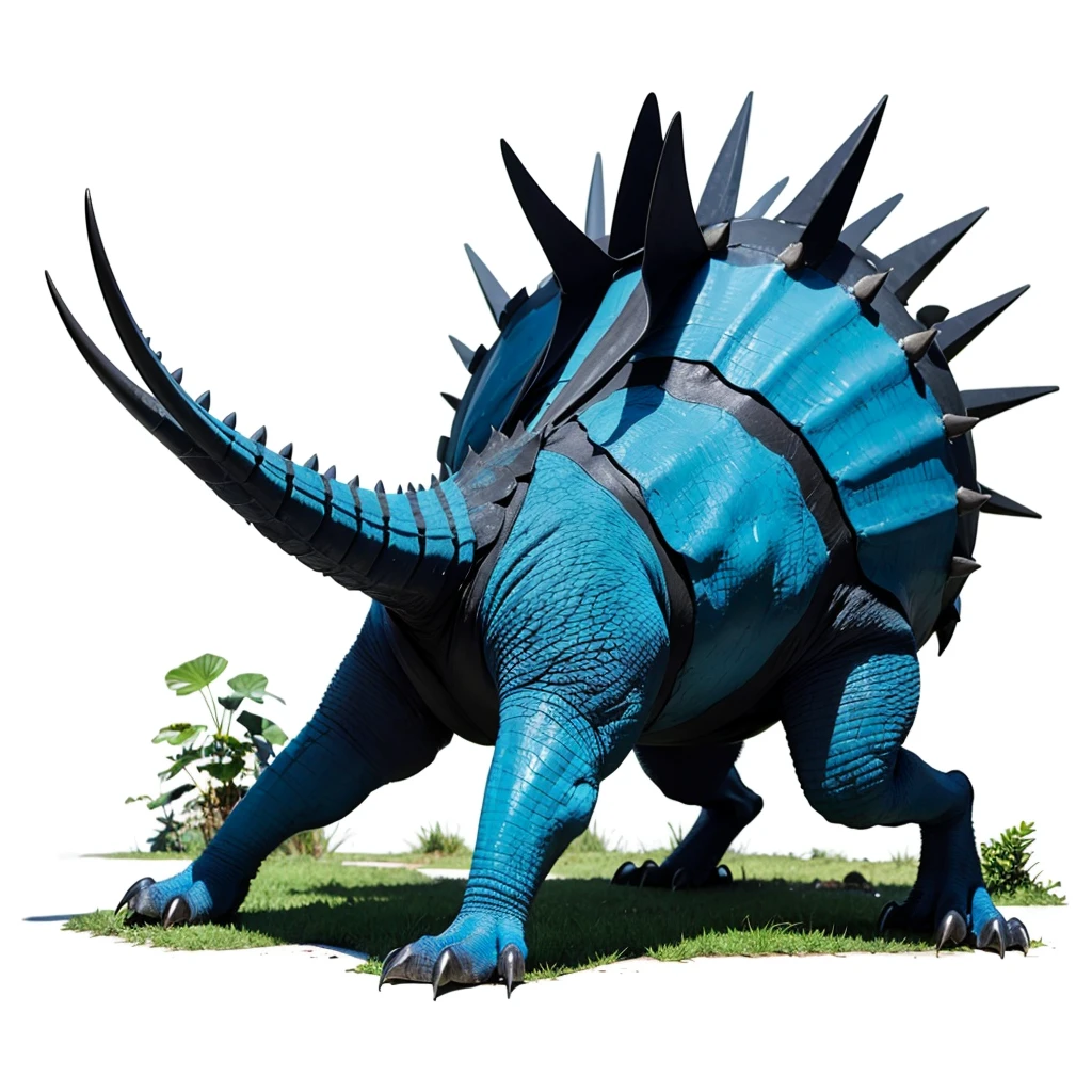 Big Animaly, has white stripes on his skin, blue eyes, cassowary mixed with stegosaurus, Grassroots, no background