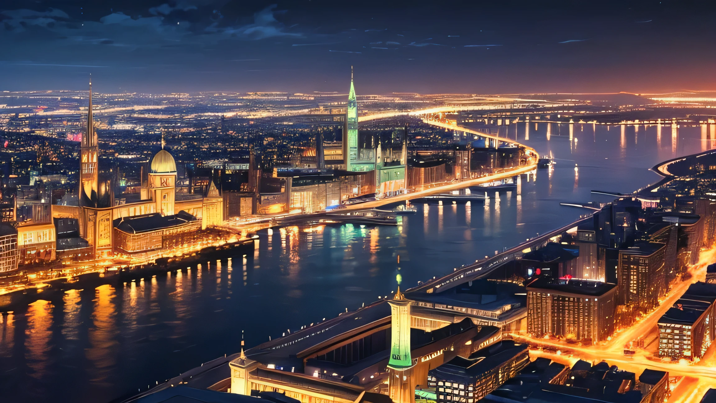 4K,Highest quality,City night view along the river,Fantasy,City lights reflected on the river