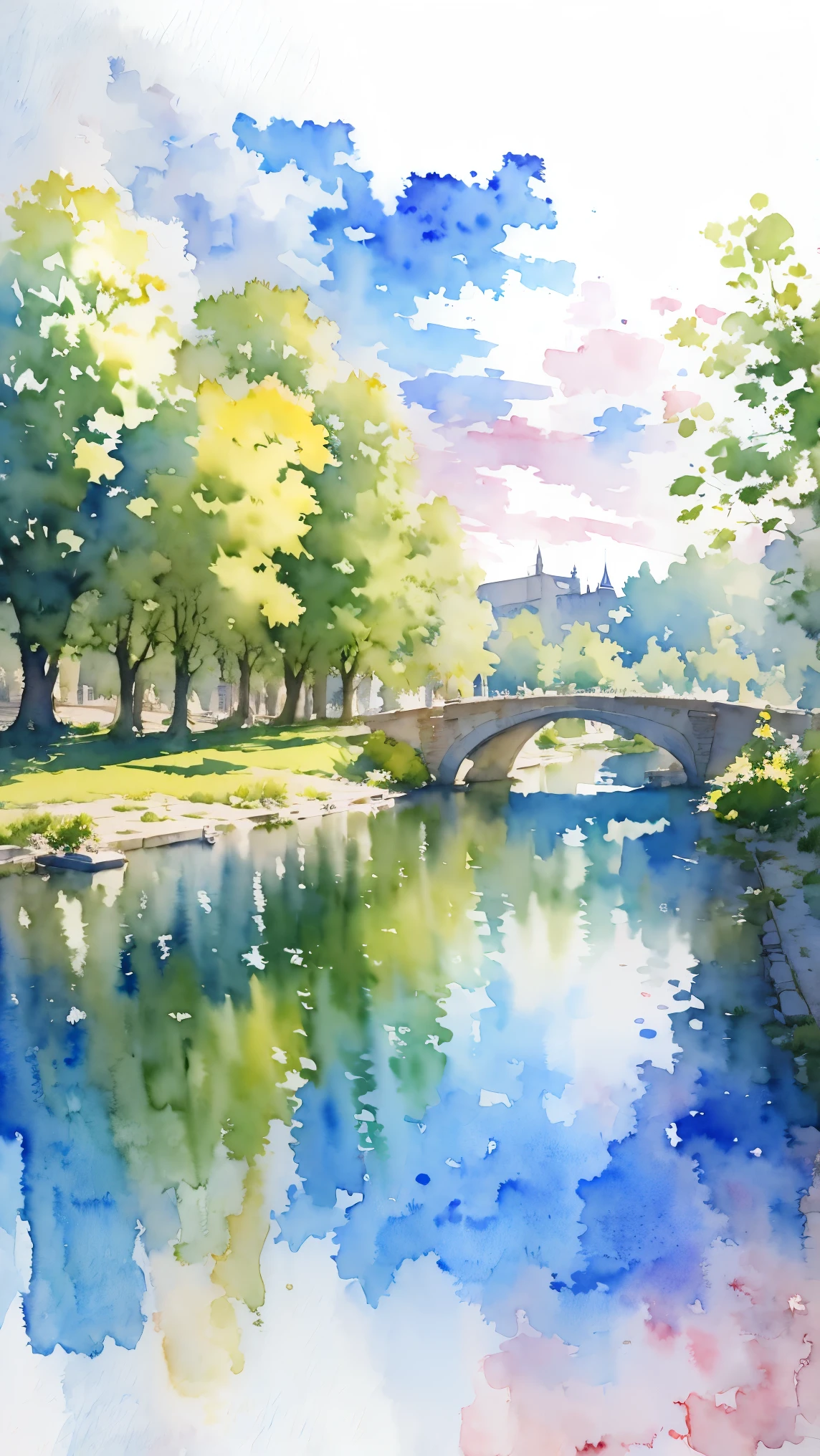 (masterpiece:1.2, Highest quality),(Very detailed),(((watercolor))),8K,wallpaper,Landscape of France,Banks of the Seine