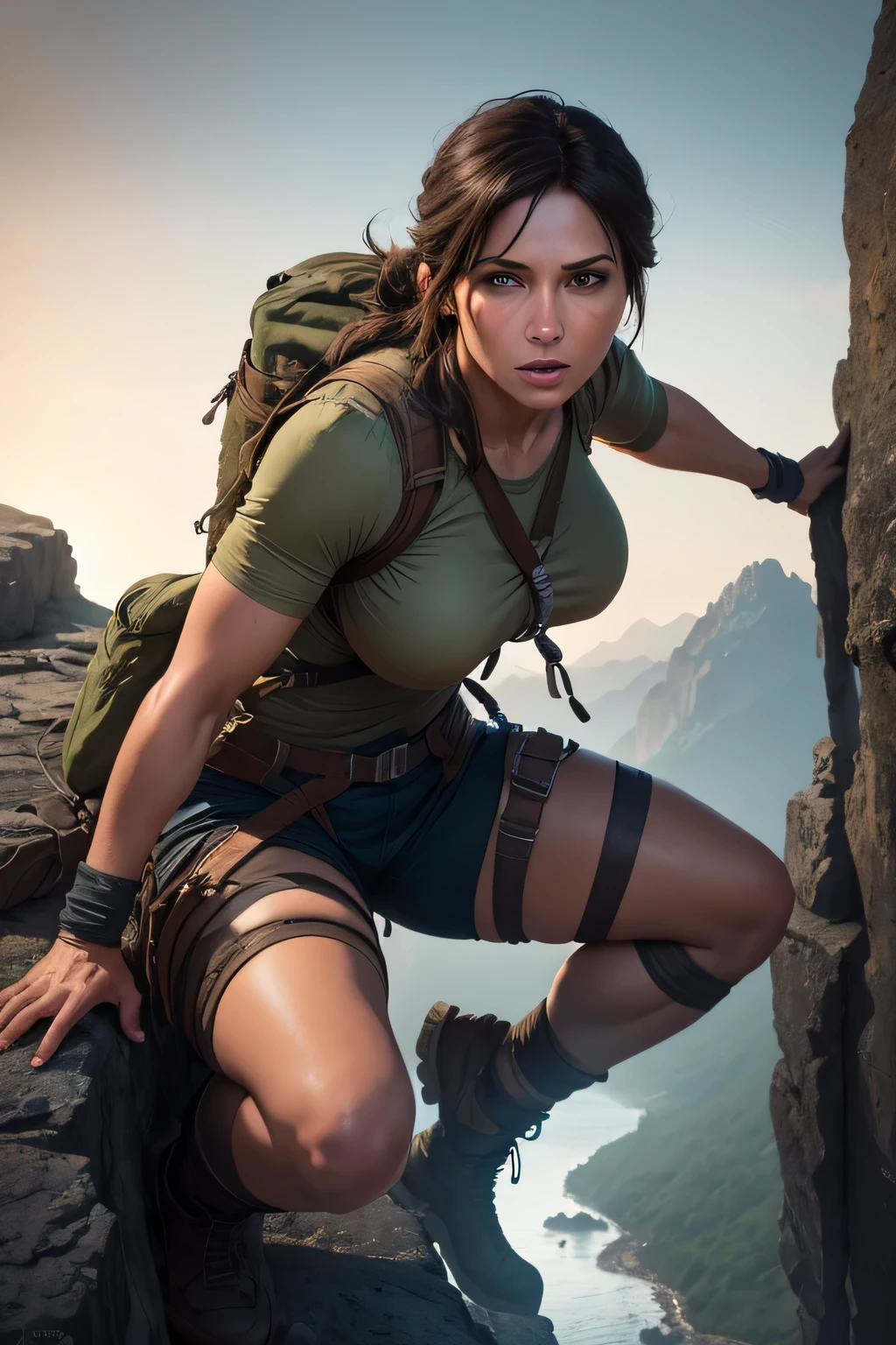 Create an illustration of Lara Croft engaging in cliff walking and climbing in a breathtaking, rugged landscape. She is scaling a steep, rocky cliff with the aid of climbing gear, including ropes, harnesses, and carabiners. The cliff is part of a dramatic mountain range, with sheer drops and jagged peaks. Below her, a lush valley stretches out, filled with dense forests or perhaps a winding river. Lara is dressed in her iconic adventure attire, looking determined and focused as she navigates the challenging terrain. The environment should include realistic rock textures and intricate details, with the sunlight casting dynamic shadows on the cliff face. The overall atmosphere should convey a sense of adventure, courage, and the thrill of conquering nature's obstacles. DLSR, sharp focus, soft lighting, masterpiece, photorealistic, 8k, masterpiece, perfect face, ultra detailed face, perfect brown eyes, beautiful face
