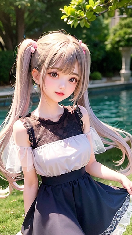 (Highest quality, masterpiece), One girl, Twin tails、Pause, particle, Wind, flower, Upper Body, Simple Background, View your viewers, , Milky Way,smile、Turquoise Eyes、（Silver Long Hair）、cute、Twin tails、milky way、Crescent Moon、、((flower柄、pink、Semi-transparent sailor suit、Her breasts are visible through her eyes.、Stylish lace mini skirt,Translucent swimsuit))、