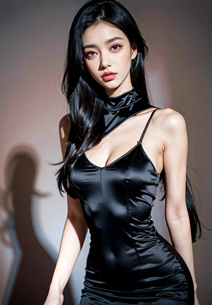 1girl hd, hd gris background, pink lips brown eyes, long black hair, focus on face, black tight dress, thin with thin arms and medium breasts