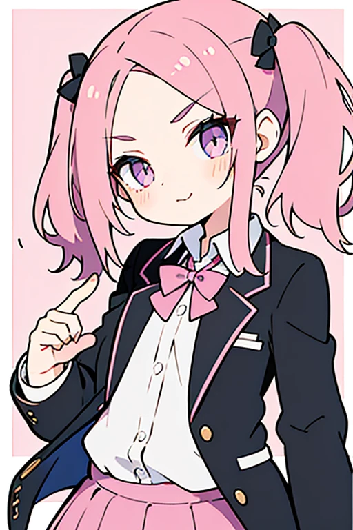 Girl, short, flat chest, pink hair, gap in middle of bangs, a little bit of forehead, long twintails, smug, black blazer {school uniform}, white button up shirt, pink skirt,