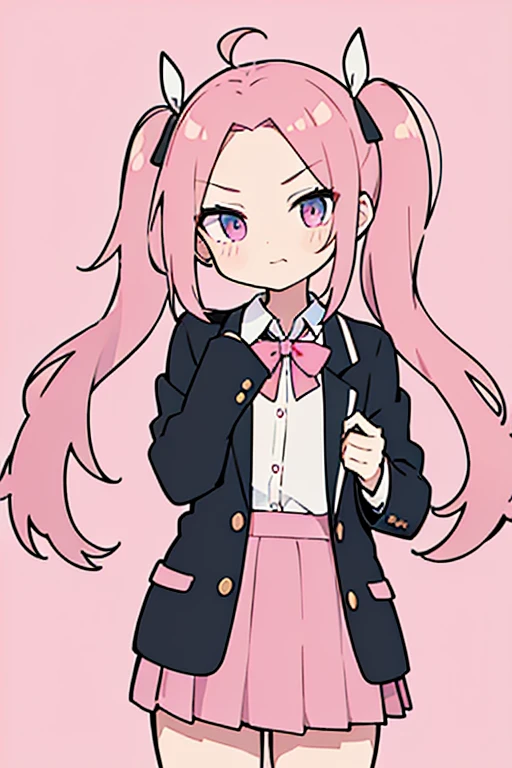 Girl, short, flat chest, pink hair, gap in middle of bangs, a little bit of forehead, long twintails, smug, black blazer {school uniform}, white button up shirt, pink skirt, 