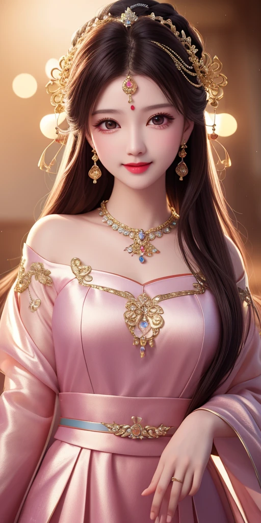Best Quality, Masterpiece, High Resolution, 1girl, Pretty Face, Hair Accessory, Look at Audience, Smile, Close Mouth, Lips, Hair Accessories, Necklace, Jewelry, Long Hair, Earrings, Beautiful Face, Body, Tindal Effect, Realism, Shadow Studio, Edge Lighting, Two-Color Lighting, (High Detail Skin: 1.2), 8k UHD, DSLR, Soft Light, High Quality, Volume Lighting, Photo, High Resolution 4K, 8k, Blurred Background