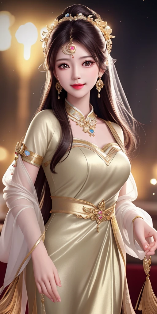 best quality, masterpiece, highres, 1girl, transparent silk china dress, beautiful face, hair ornament, looking at viewer, smile, closed mouth,lips, dress,hair ornament, necklace, jewelry, long hair, earrings, Beautiful face,upon_body, tyndall effect,photorealistic, dark studio, rim lighting, two tone lighting,(high detailed skin:1.2), 8k uhd, dslr, soft lighting, high quality, volumetric lighting, candid, Photograph, high resolution, 4k, 8k, Bokeh
