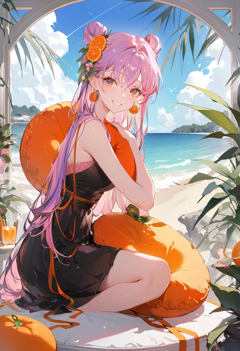 Purple hair girl painting、Glass mandarin orange earrings decorate both ears、Eye color: Ocean pink purple、Space Eyes、Inside the room、(((Giant orange shaped cushion)))、((Hugging on a cushion))、Sit down, long hair、Bun Hair、Cool and complicated, Hand holding sliced orange, A very happy expression with plenty of orange juice、((The syringe contains orange juice))、Very embarrassed、The best smile、Open your mouth wide、Grin、Eyes closed、((Purple and black dress))、((Syringe Shoulder Bag)), Fun and lively characters, close( Perfect Anatomy )、Beautiful, translucent white skin、Wet purple dress、Pink underwear is visible、Pink bra is visible through、Pink pants show through、quality\(8K,Highly detailed CG unit wallpaper, masterpiece,High resolution,top-quality,top-quality real texture skin,Super two-dimensional,Increase the resolution,RAW Photos,highest quality,Very detailed,wallpaper,Ray-tracing,Golden Ratio\),[Browsing Caution]、White and orange theme、Everything is orange except for the outfit, hairstyle, and eye color.、barefoot,Love Hotel