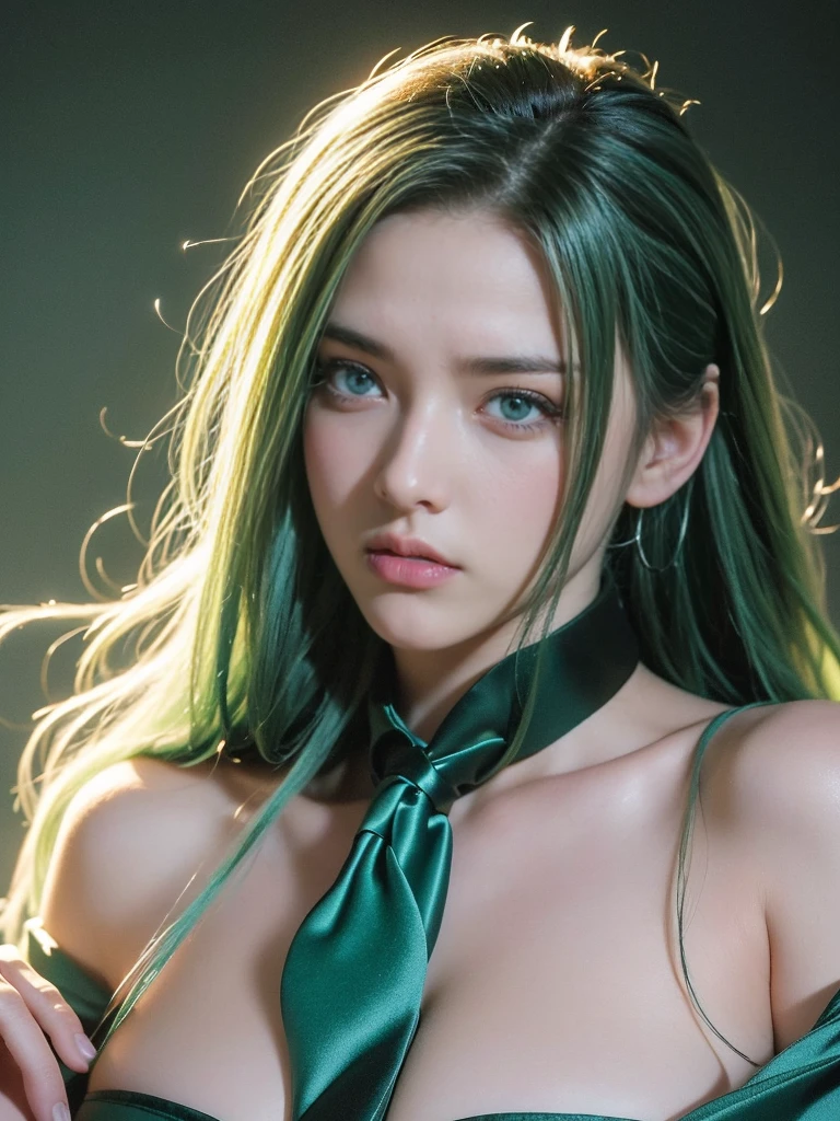 high high quality,A high resolution,masterpiece,8K,(Hyperrealistic photos),(Portrait),digital photography,(Reality:1.4),20-year-old girl,exquisite facial features,green and blue pupils,((Women in the workplace)),Random hairstylelack color hair),Big breasts,(Suit,Workplace attire,black necktie),Keep your mouth shut,scowling,Cold and serious,extremely detailed expression,realistic detail,Light magic,Photo pose,oc render reflection texture