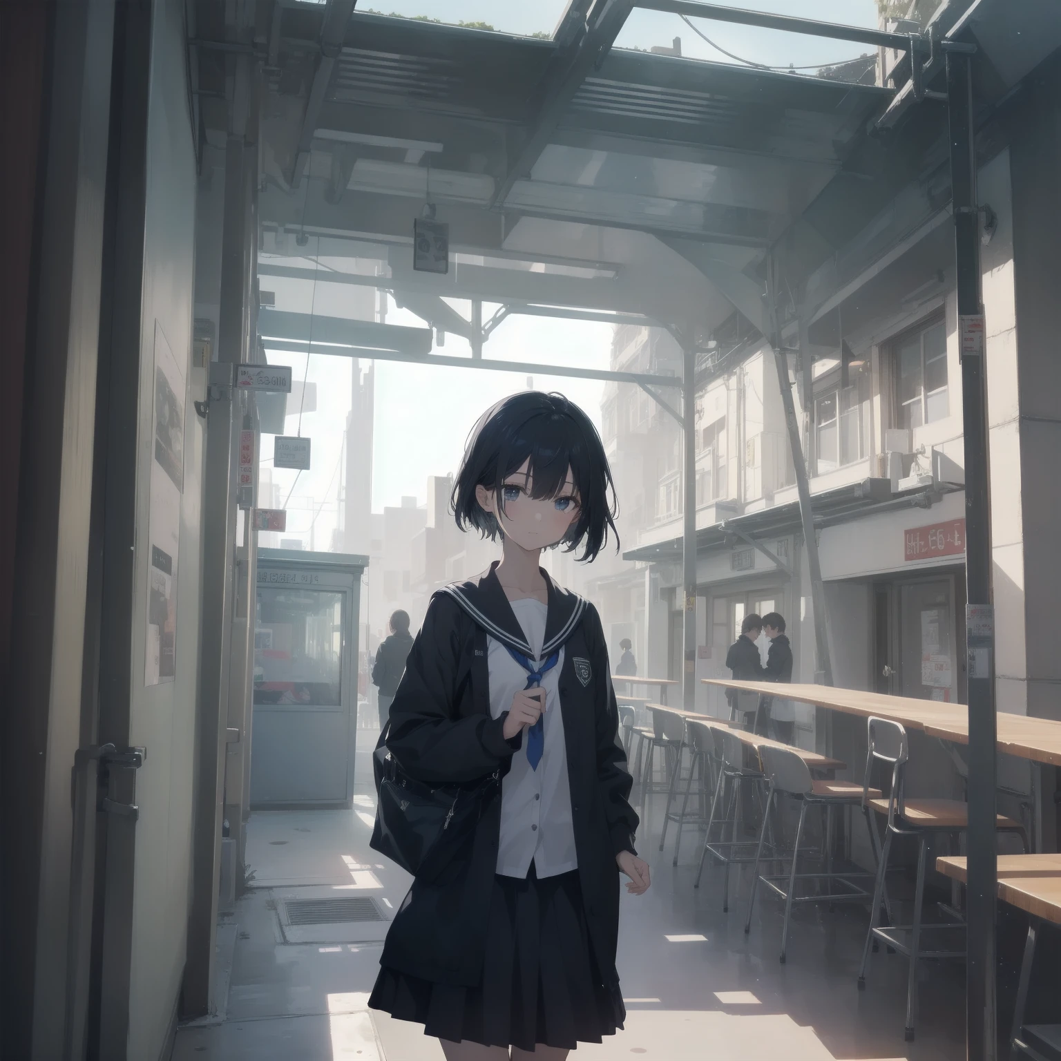 ultra-absurdres-Top quality by artist God, ultra-detailed, high resolution, anime moe artstyle, best anime 8k konachan wallpaper, pixiv contest winner, pool:2810, perfect anatomy,break, 1girl, (Please draw a girl walking sleepily to school alone. )break,(Solo,little female, 13-year-old:1.3),Full limbs, complete fingers,a junior high school student, (very short hair), short cut, flat chest, , small butt, small black eyes, beautiful detailed eyes, well-proportioned iris and pupils, expressive eyes, highres detailed hair, soft expression, salor school_uniform, sailor collar, serahuku, bow, pleated skirt,(Detailed Lighting), (Detailed background), in the School commute route. break,super detailed skin, Best cinematic lighting powered by famous artist, 8k,beauty illustration,photoshop_(medium),very aesthetic,break,((artist:saiguchi_otoufu )), artist:clamp ,artist:carnelian ,artist:kantoku ,
