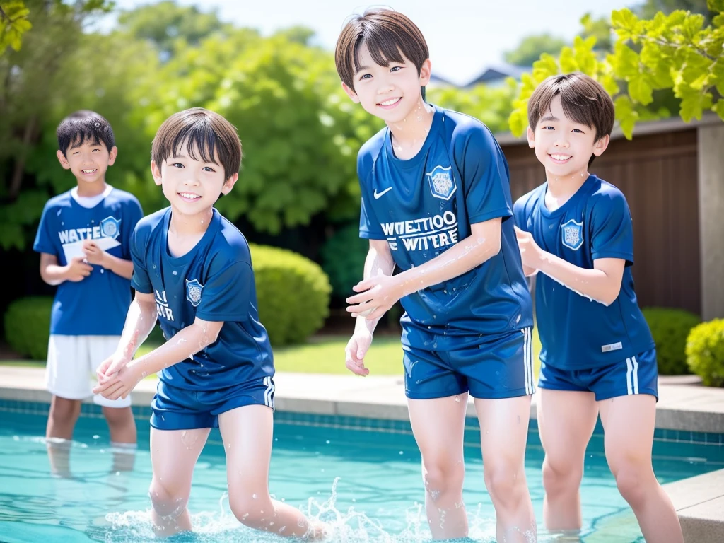 夏休みのprimary school校、Pool、primary school5Grade、Japan Boy、Glowing water splashes、A good boy dripping with water、hot day、Two Boys、Various poses、Short sleeve gym uniform、Blue shorts、physical education、barefoot,(Boy 1.4)、Boys only 、(10Age 1.4)