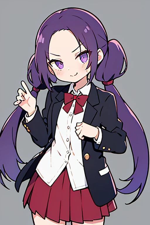 Girl, short, flat chest, violet hair, gap in middle of bangs, a little bit of forehead, long twintails, smug, black blazer {school uniform}, white button up shirt, red skirt,