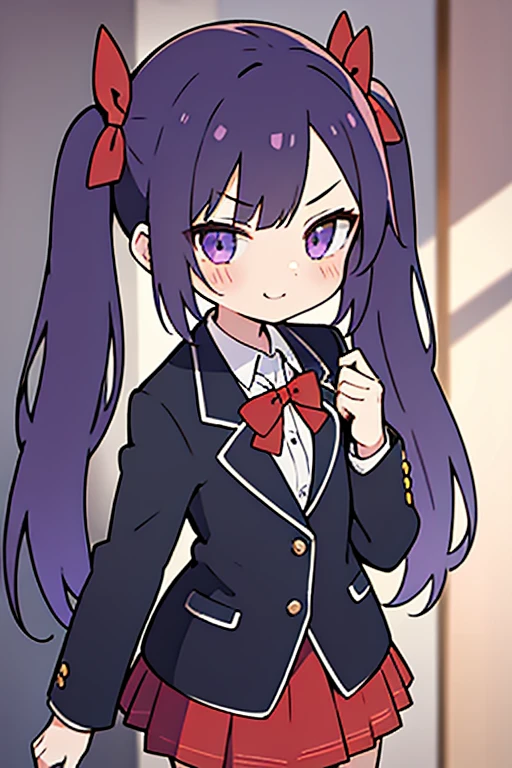 Girl, short, flat chest, violet hair, gap in middle of bangs, a little bit of forehead, long twintails, smug, black blazer {school uniform}, white button up shirt, red skirt, 