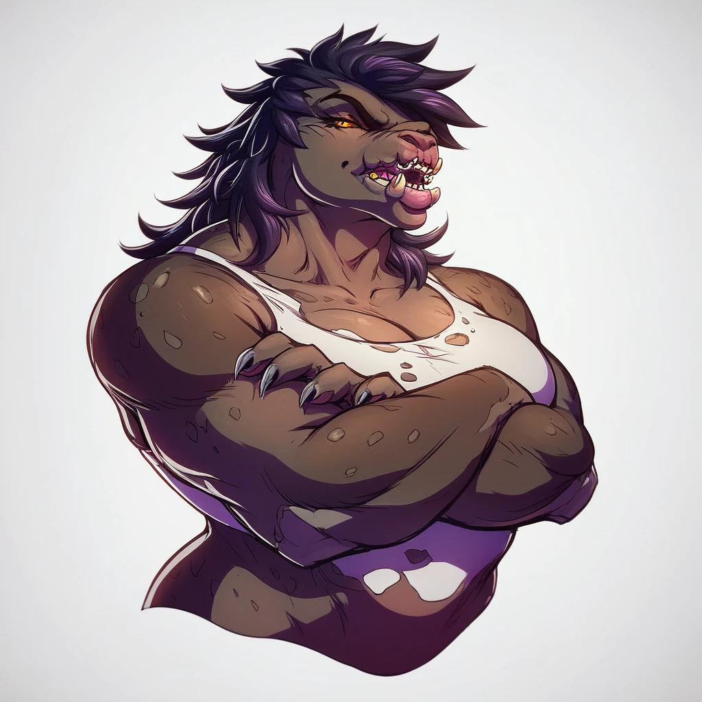 score_9, score_8_up, score_7_up, score_6_up, score_5_up, score_4_up,
1girl,
solo,
female,
furry,
furry female,
anthro,
alien, dark purple messy long hair,
muscular,
countershading,
detailed soft,
source_furry,
face,
teeth,
claws,
muscular female,
big tits,
simple background,
white background, front on view
crossed arms, (drenched in white glue)