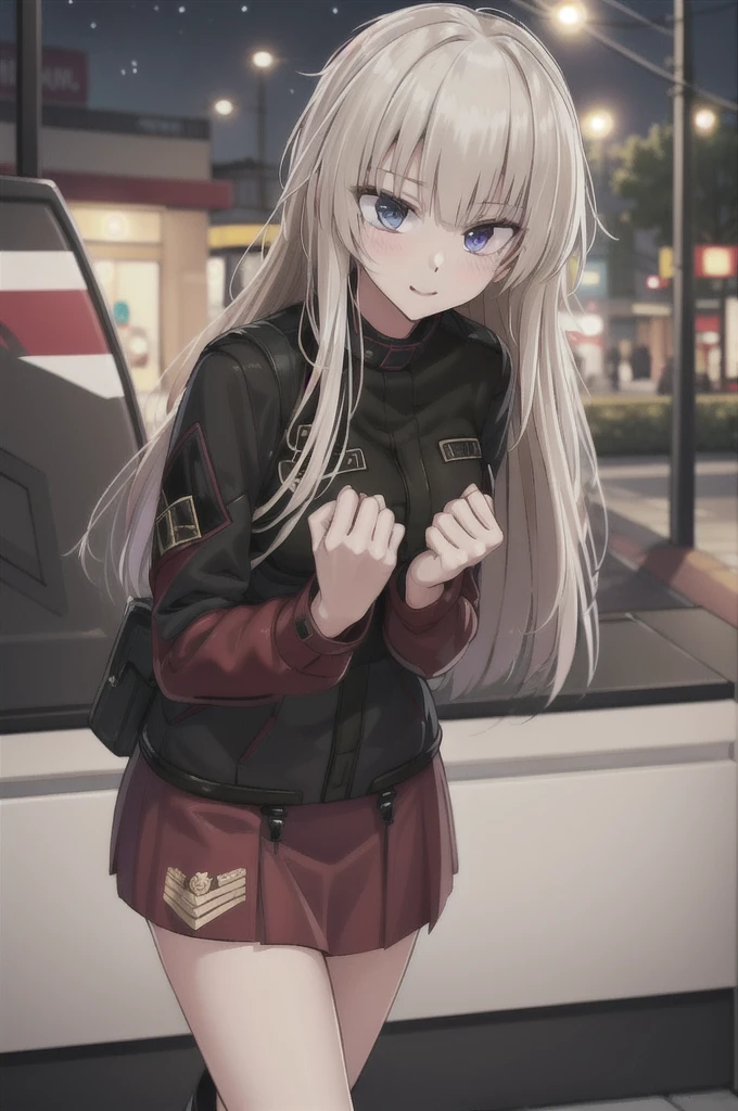Masterpiece, 1girl, solo ak-74m, female, standing, outdoor, white shirt, night, 4k, Bokeh, looking at viewers, straight face, blue skirt, BREAK shirt, skirt up to knees, mature women, cowboy shot's, carrying a bad, long hair, white hair