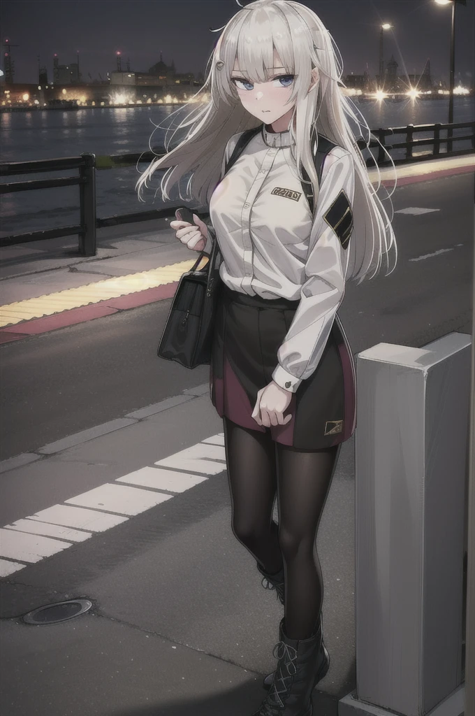 Masterpiece, 1girl, solo ak-74m, female, standing, outdoor, white shirt, night, 4k, Bokeh, looking at viewers, straight face, blue skirt, BREAK shirt, skirt up to knees, mature women, cowboy shot's, carrying a bad, long hair, white hair