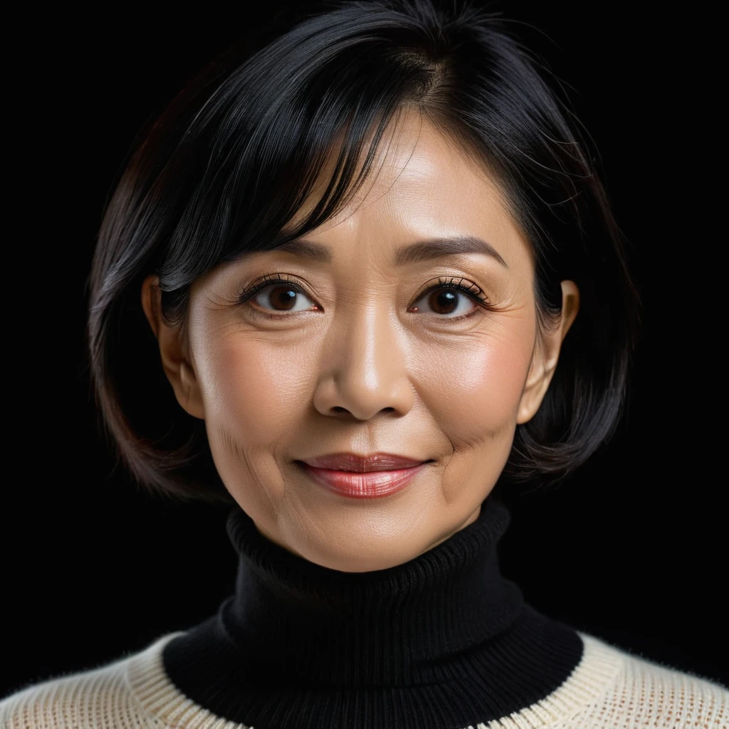 a fifty year lady, Indonesian face, elegant, short black hair, ivory turtle neck sweater, friendly face, stunning, peaceful face, 8k, ultra detailed, solid black background
