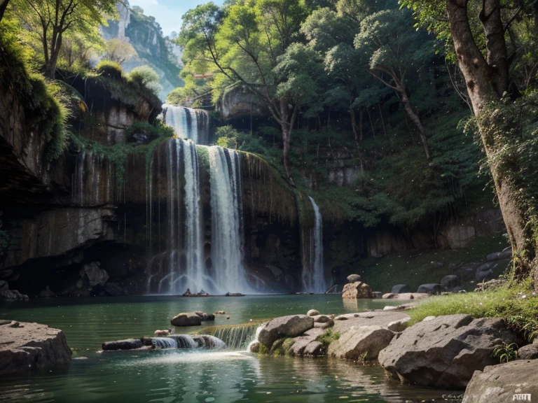Chinese ancient times, spring, jungle, lake, cave, waterfall, tree, meadow, rock, deer, hot spring, water vapor, (illustration: 1.0), epic composition, realistic lighting, HD details, masterpiece, best quality, (very detailed CG unified 8k wallpaper)