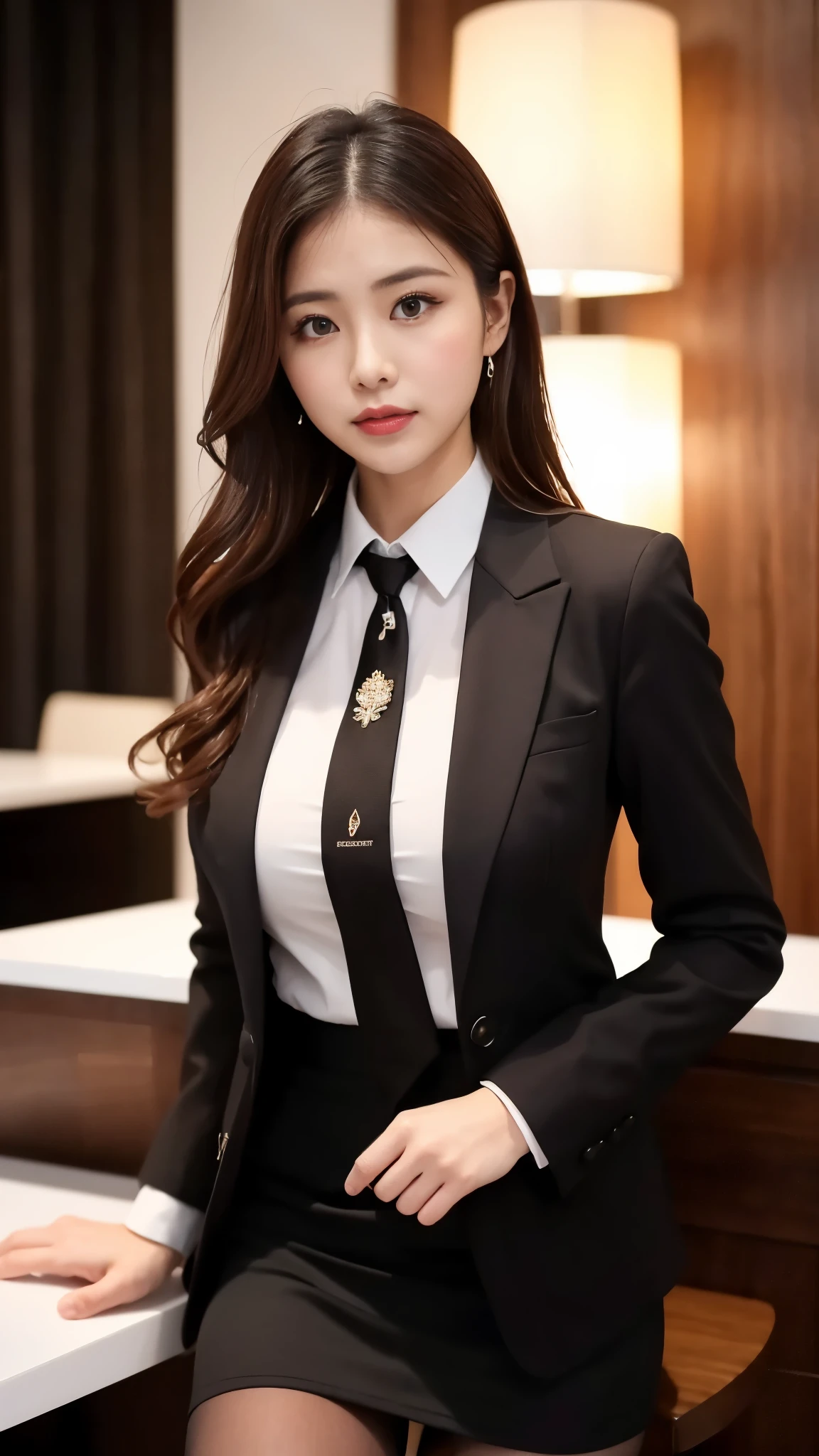 (((masterpiece))), (((Highest quality: 1.4))), ((Very detailed: 1.4)) , ulzzang-6500-v1.1, (RAW Photos:1.2), (Photorealistic), (Genuine:1.4), Sharp focus、High resolution,business suitを着た上品な上流階級のエリート女性, 厳格なbusiness suitを着ている, Wearing ultra-realistic pantyhose、Wear high-quality high heels、 Girl in suit, business suitを着ている, business suitを着ている, business suitを着て, Businesswoman, Business Attire, 黒のbusiness suitを着ている, Wearing a jacket and skirt, business suitを着た女性, business suit, business attire, Luxury Suits、Makeup, Sharp Eyes、(Detailed Background:1.2), Exposed thighs!!!,