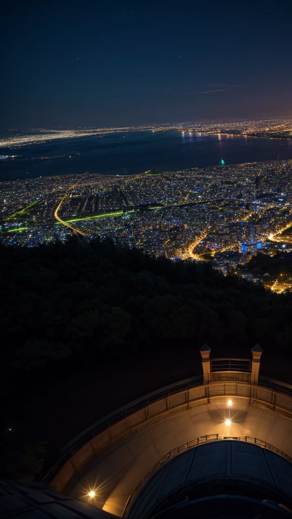 Looking down from the top of a hill in the suburbs,Below is the brightly lit city,night,moon。