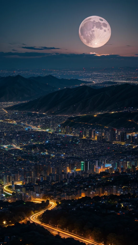 Looking down from the top of a hill in the suburbs,Below is the brightly lit city,night,moon。