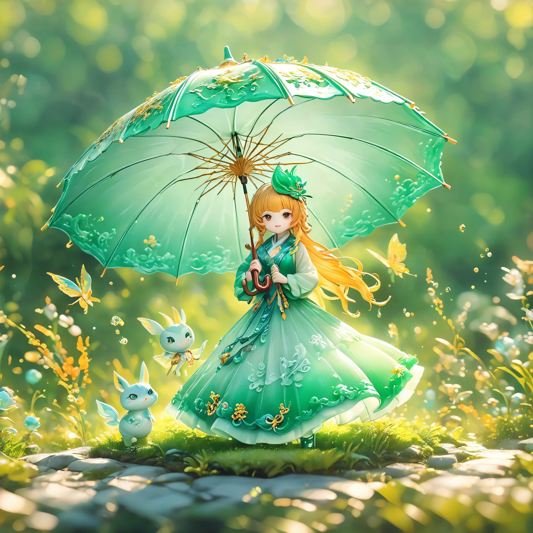 best quality, very good, 16K, ridiculous, Very detailed, charming(((Person holding an umbrella1.3)))，Made of translucent jadeite, Background grassland（（A masterpiece full of fantasy elements）））， （（best quality））， （（Intricate details））（8K）