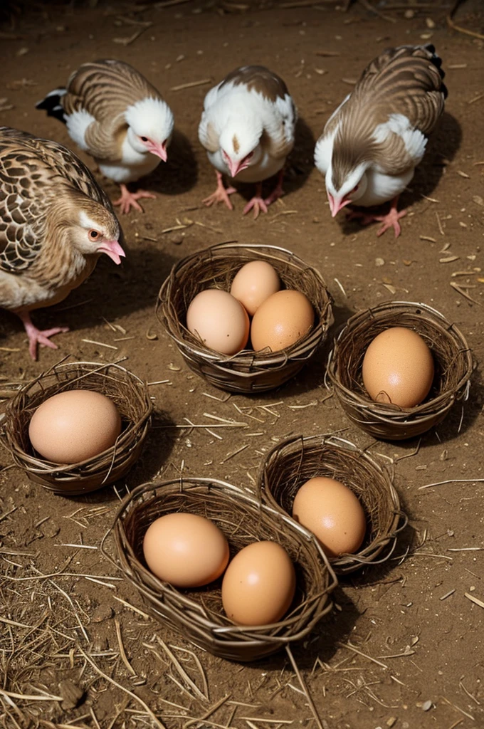 A hen with 7 chicks just emerging from their eggs in different stages of hatching