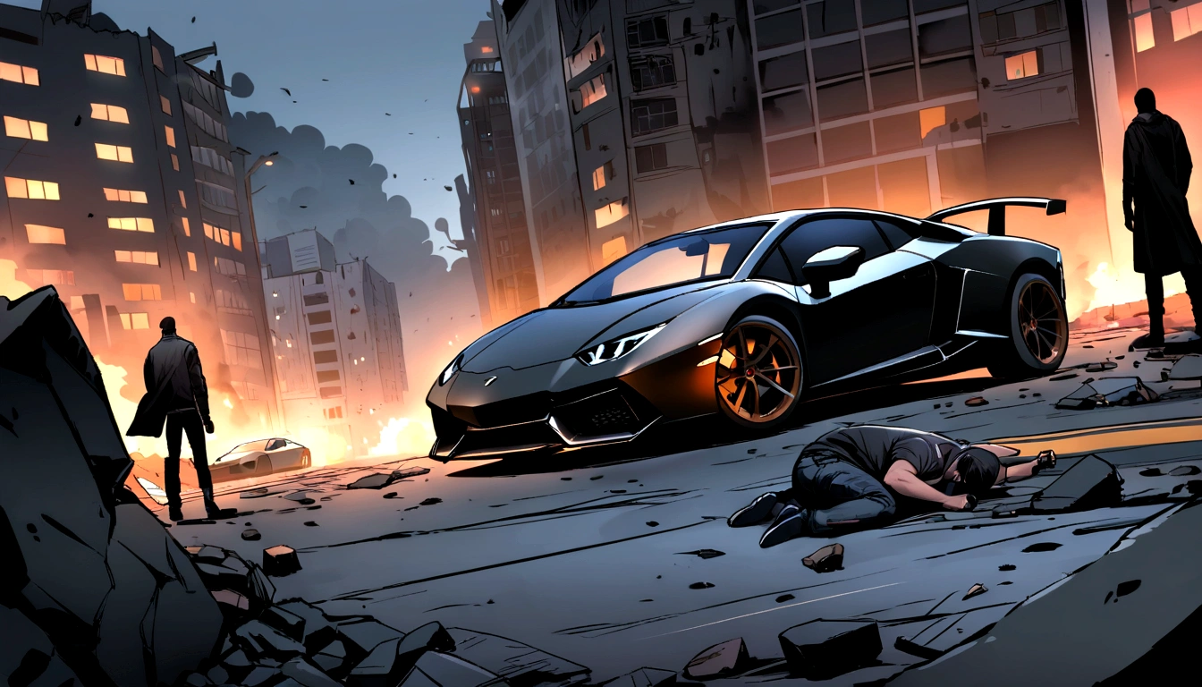 Write an exhilarating tale of a daring driver behind the wheel of a black Lamborghini, navigating through a city devastated by a deadly street race. Explore the background of the driver, their exceptional driving skills, and their fearless attitude towards the dangerous race. Portray the city in ruins, with destroyed buildings, debris, and remnants of the deadly race, creating a post-apocalyptic atmosphere. Highlight the high stakes of the street race, the presence of rival drivers, and the intense competition that drives the protagonist forward."
