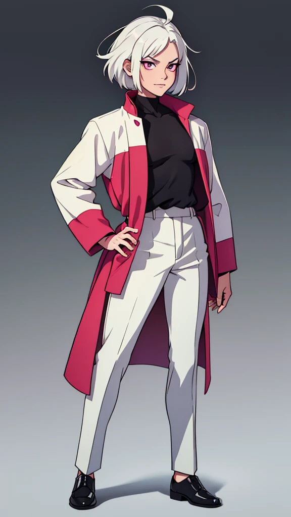 short white hair, highres, high resolution, masterpiece, wide dark pink eyes, talking, grinning, confident, masterpiece, best quality, highres, 1 man, Gojo Satoru jujutsu kaisen, wavy hair, white hair, medium short hair, teenager, colorful hair, light background, full body, teenager, colorful parts, symbols, dark , bold, realistic mixing dark lines and loose lines, bold lines, on paper, human man, full body, imposing pose, stylish outfit, dark theme, beautiful, pretty, modest, standing, male, sharp chin, high cheekbones, white background, highres, high resolution, masterpiece, 1 person, 1 human, 1 entity