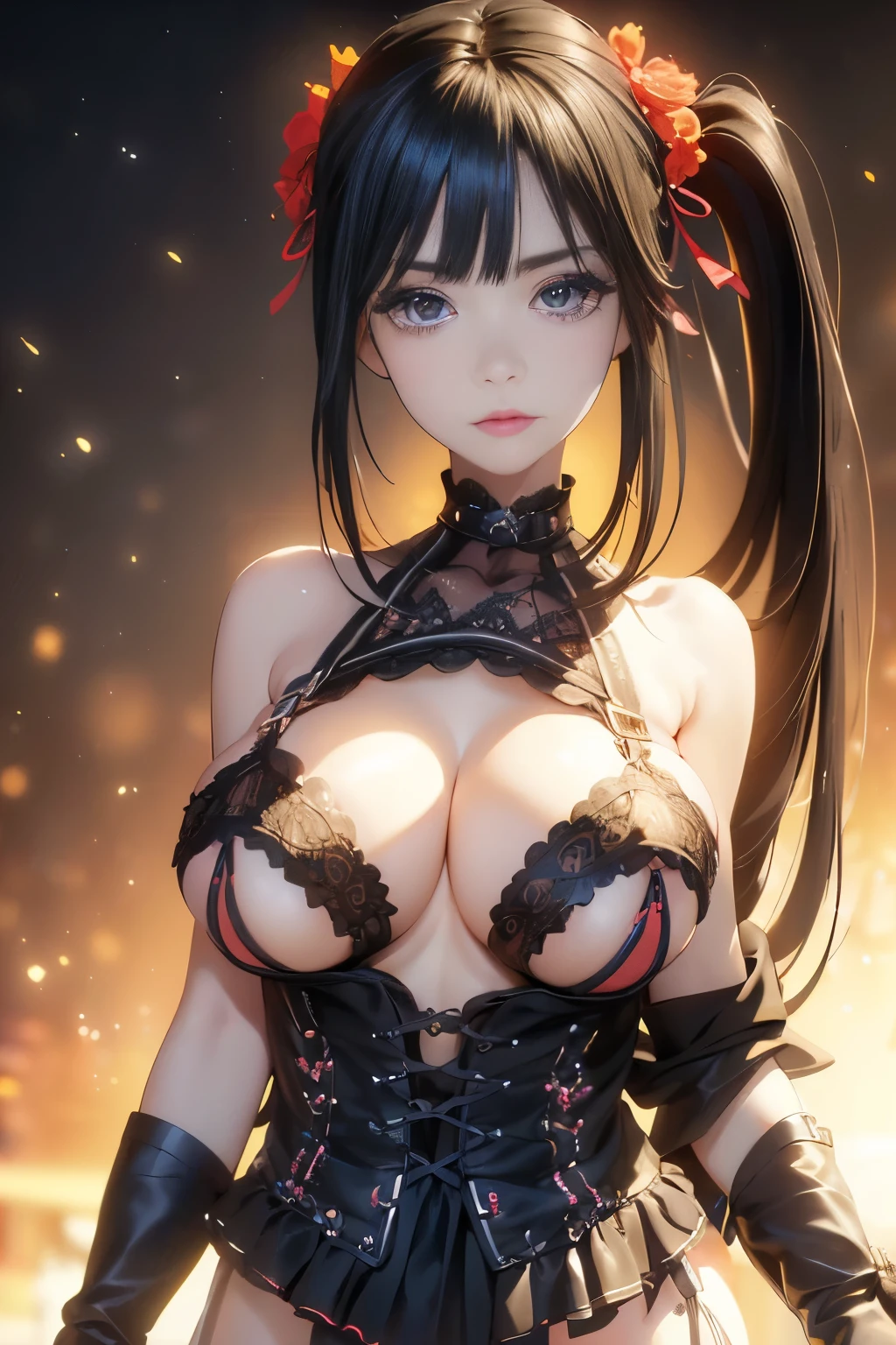 Optimal,masterpiece,High resolution,Highest quality,(Cowboy Shot)、Cute face,Black Hair、Long Hair、Twin tails、((Shoot from the front:1.5)), ((See-throughTシャツ:1.5)). ((Beautiful nipples))、((Big Breasts:1.5)), See-through