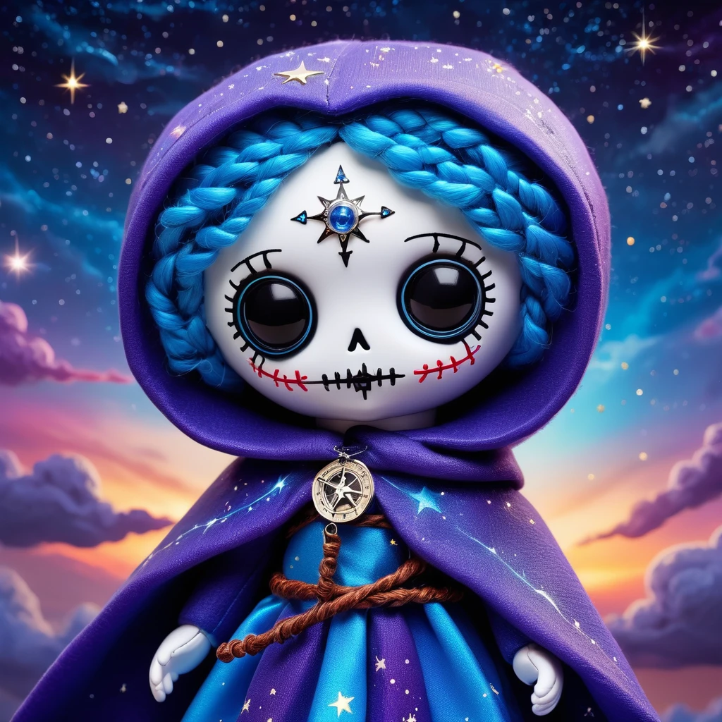 (knitted toy voodoo doll:1.6), (Voodoo Sky Wanderer:1.3), (Clothing Ethereal cloak, shimmering in shades of blue and purple, decorated with constellations and stardust:1.0), (Flying compass emitting rays of light, mysterious amulet with symbols of constellations:1.1), (against the background of Clouds at sunset, with visible stars and celestial bodies on the horizon:1.1), best quality, masterpiece, detailed soft oil painting, detailed background, dramatic cinematic lighting, soft edge lighting, professional, dramatic lighting, hard edge lighting, ultra quality, 4k, masterpiece, best quality, 8k, ultra high definition, high resolution, extremely detailed