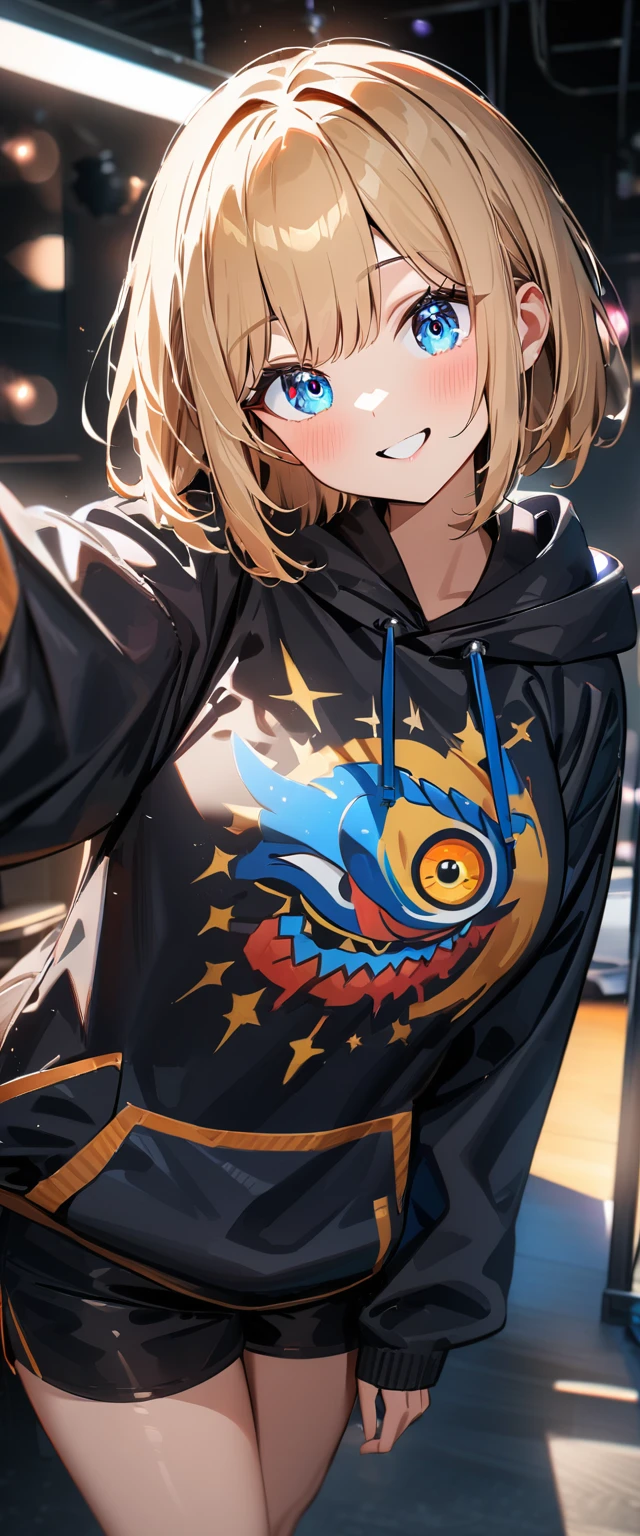 (((One girl))), blond hair, bob cut, (upper body), (looking at viewer), breasts, teenager, head tilt:1.3, (((blue eye))), (from side), selfie, hand in pocket, ((happy smile)), black hoodie, black shorts:1.3, anime style, (best quality, 4k, 8k, highres, masterpiece:1.2, ultra-detailed, ultra-detailed eyes, HDR, UHD, studio lighting, ultra-fine painting, sharp focus, physically-based rendering, extreme detail description, professional, vivid colors, bokeh)