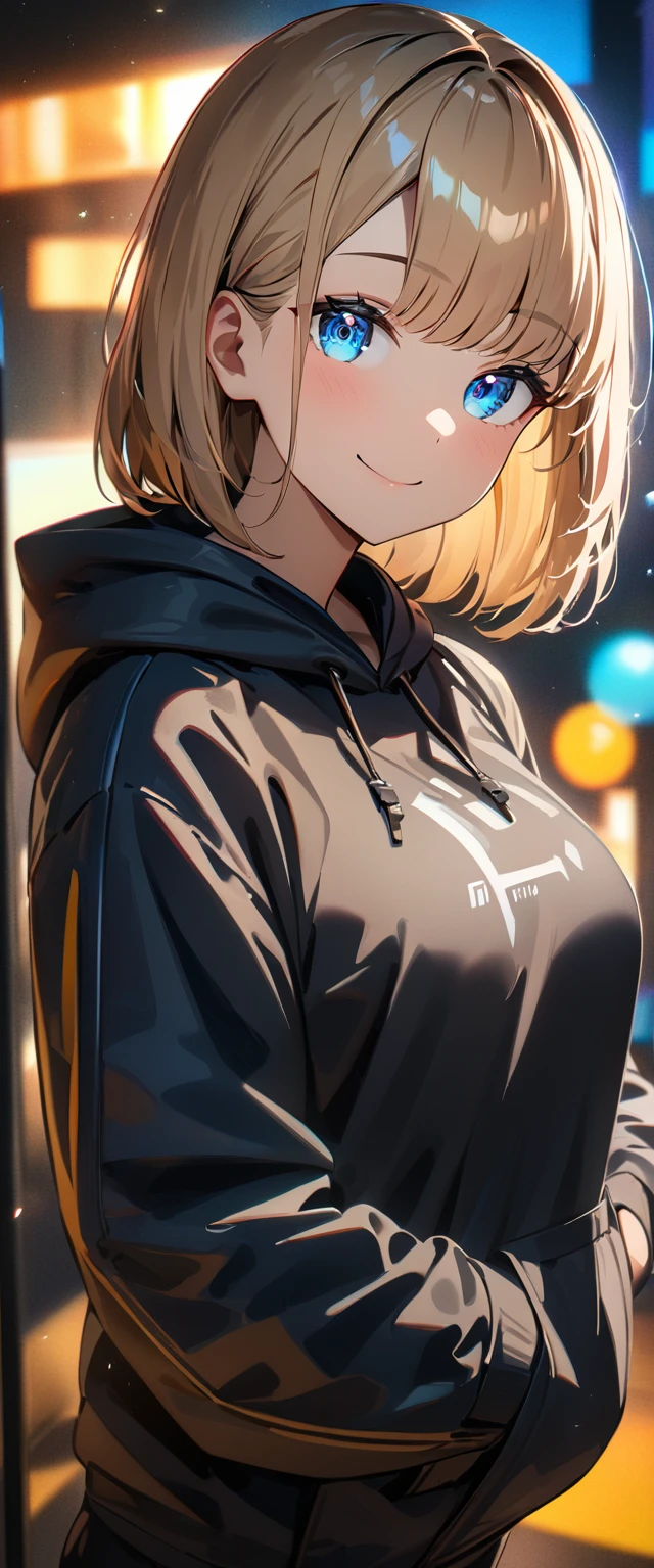 (((One girl))), blond hair, bob cut, (upper body), (looking at viewer), breasts, teenager, head tilt:1.3, (((blue eye))), (from side), selfie, hand in pocket, ((happy smile)), black hoodie, black shorts:1.3, anime style, (best quality, 4k, 8k, highres, masterpiece:1.2, ultra-detailed, ultra-detailed eyes, HDR, UHD, studio lighting, ultra-fine painting, sharp focus, physically-based rendering, extreme detail description, professional, vivid colors, bokeh)