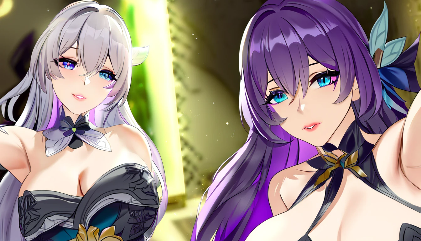 2girls, both from Honkai Star rail, selfie in mirror, long purple hair, long gray hair, beautiful detailed eyes, beautiful detailed lips, extremely detailed eyes and face, long eyelashes, intricate hairstyles, elegant outfits, posed selfie, warm lighting, depth of field, soft shadows, vibrant colors, digital art, photorealistic, 8k, high quality, masterpiece, concept art, fantasy