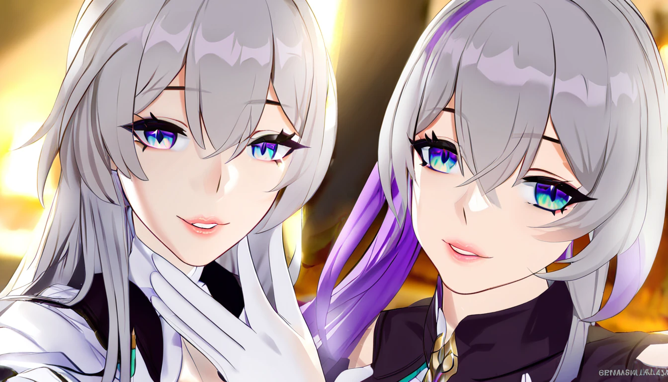 2girls, both from Honkai Star rail, selfie in mirror, long purple hair, long gray hair, beautiful detailed eyes, beautiful detailed lips, extremely detailed eyes and face, long eyelashes, intricate hairstyles, elegant outfits, posed selfie, warm lighting, depth of field, soft shadows, vibrant colors, digital art, photorealistic, 8k, high quality, masterpiece, concept art, fantasy