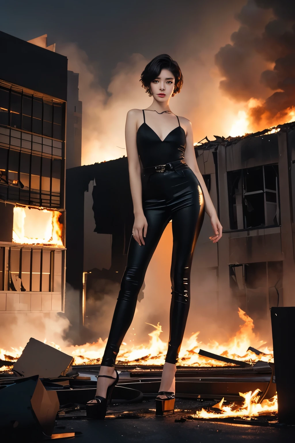 8K, masterpiece, A beautiful woman with short hair standing inside a burning building, Lookbook, (full_body),