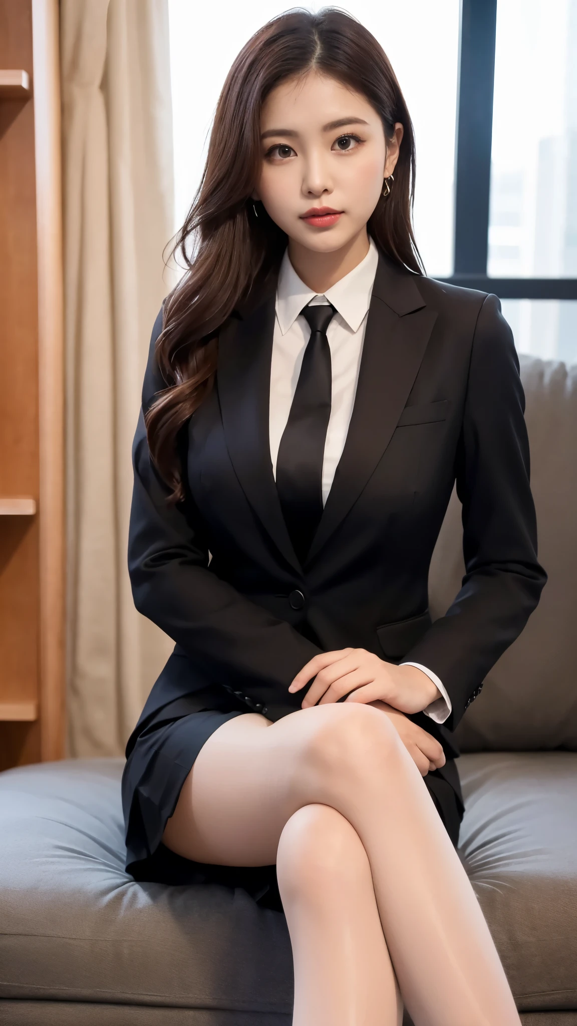 (((masterpiece))), (((Highest quality: 1.4))), ((Very detailed: 1.4)) , ulzzang-6500-v1.1, (RAW Photos:1.2), (Photorealistic), (Genuine:1.4), Sharp focus、High resolution,business suitを着た上品な上流階級のエリート女性, 厳格なbusiness suitを着ている, Wearing ultra-realistic pantyhose、Wear high-quality high heels、 Girl in suit, business suitを着ている, business suitを着ている, business suitを着て, Businesswoman, Business Attire, 黒のbusiness suitを着ている, Wearing a jacket and skirt, business suitを着た女性, business suit, business attire, Luxury Suitakeup, Sharp Eyes、(Detailed Background:1.2), Exposed thighs!!!,