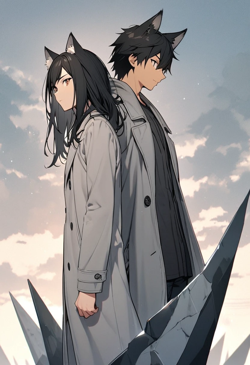 Black-haired teenager，Wolf ears，Tall figure，one person，Gray coat