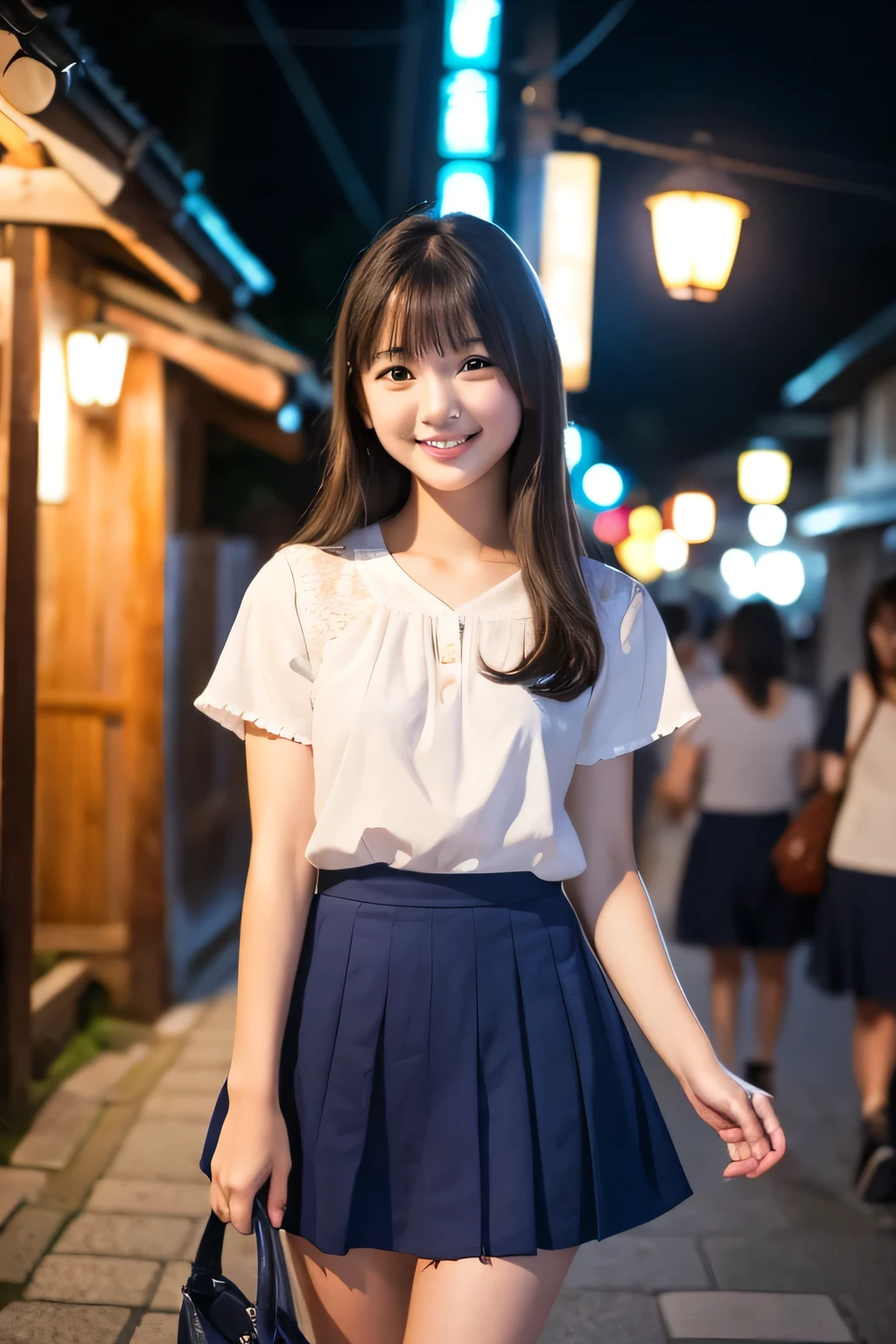 High resolution、distinct、4K、smile、beautiful girl、Age: 18 years old、Summer clothes、White blouse、Navy blue mini skirt、Background Kyoto at night
