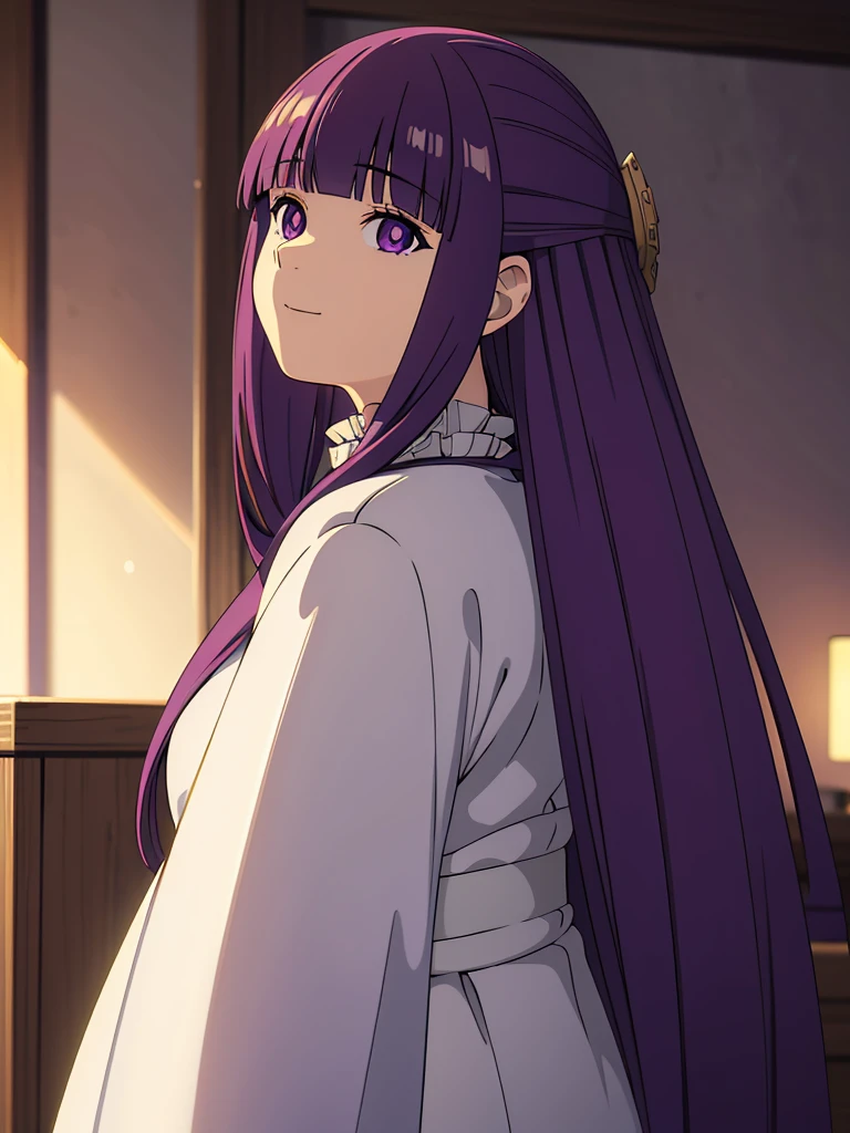 è²ä¼¦,1girl,solo,purple hair,long hair,purple eyes,blunt bangs,sidelocks,half updo,bright pupils, hair ornament,frilled collar,black robe,white dress,center frills,buttons,wide sleeves,long sleeves,curvy,cowboy shot,brown coat,from side,smile,, Exquisite visuals, high-definition,masterpiece,best quality,, 20yo,Young female,Beautiful Finger,Beautiful long legs,Beautiful body,Beautiful Nose,Beautiful character design, perfect eyes, perfect face,expressive eyes, looking at viewer, official art,extremely detailed CG unity 8k wallpaper, perfect lighting,Colorful, Bright_Front_face_Lighting,shiny skin, (masterpiece:1.0),(best_quality:1.0), ultra high res,4K,ultra-detailed, photography, 8K, HDR, highres, absurdres:1.2, Kodak portra 400, film grain, blurry background, bokeh:1.2, lens flare, (vibrant_color:1.2), (beautiful_face:1.5),(narrow_waist), 