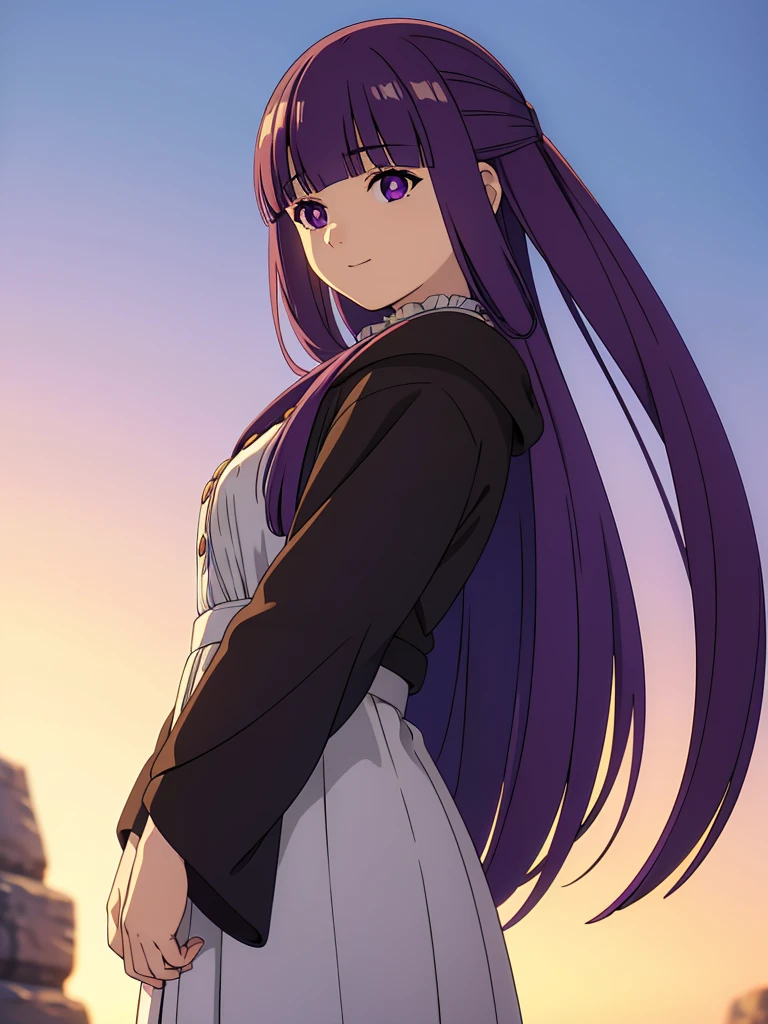 è²ä¼¦,1girl,solo,purple hair,long hair,purple eyes,blunt bangs,sidelocks,half updo,bright pupils, hair ornament,frilled collar,black robe,white dress,center frills,buttons,wide sleeves,long sleeves,curvy,cowboy shot,brown coat,from side,smile,, Exquisite visuals, high-definition,masterpiece,best quality,, 20yo,Young female,Beautiful Finger,Beautiful long legs,Beautiful body,Beautiful Nose,Beautiful character design, perfect eyes, perfect face,expressive eyes, looking at viewer, official art,extremely detailed CG unity 8k wallpaper, perfect lighting,Colorful, Bright_Front_face_Lighting,shiny skin, (masterpiece:1.0),(best_quality:1.0), ultra high res,4K,ultra-detailed, photography, 8K, HDR, highres, absurdres:1.2, Kodak portra 400, film grain, blurry background, bokeh:1.2, lens flare, (vibrant_color:1.2), (beautiful_face:1.5),(narrow_waist), 