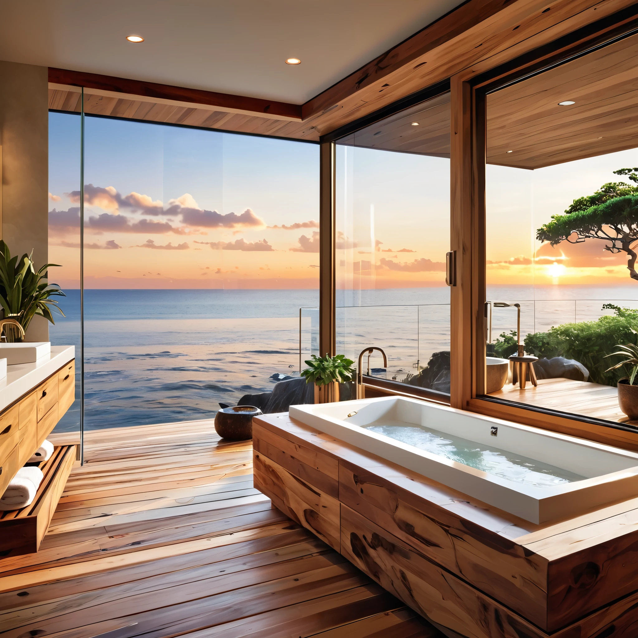 Design a luxurious bathroom with a breathtaking ocean view. The bathroom features large floor-to-ceiling windows that open to a deck overlooking the sea. The space includes a spacious shower area with a glass enclosure, a long wooden vanity with dual sinks, and modern fixtures. Warm, recessed lighting illuminates the room, enhancing the natural wooden elements and creating a cozy atmosphere. A freestanding bathtub is positioned on the deck, allowing for a relaxing bath with a stunning sunset view over the ocean. Add a few potted plants and minimalistic decor to complete the elegant and serene design.