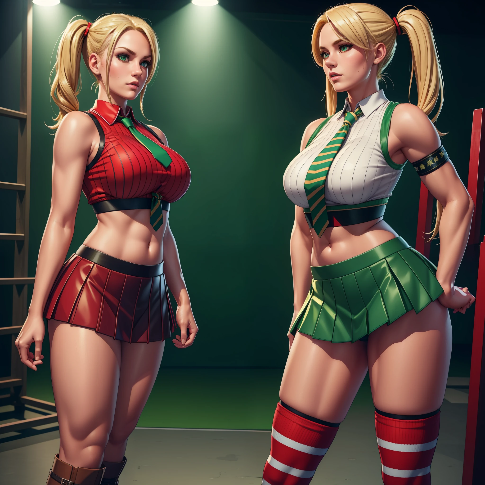 blonde woman,pigtails,midriff,short skirt,tight top,tie,striped socks,heavy boots,(red and green),panties,2girls,lesbian,(best quality,8k,ultra-detailed,realistic:1.37),HDR,UHD,studio lighting,(photography),vivid colors,sharp focus,landscape,dynamic lighting